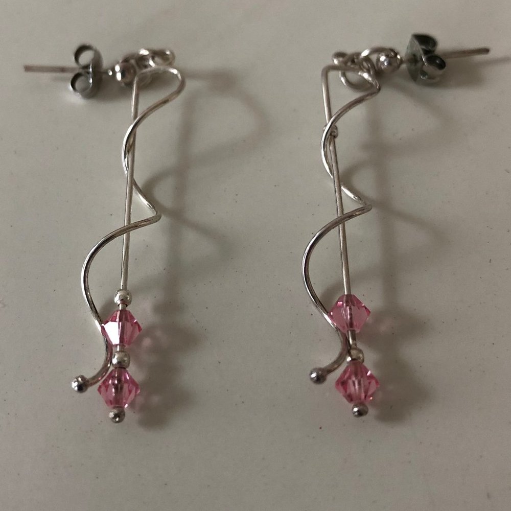 Silver Tone Pink Crystal Pierced Earrings with post